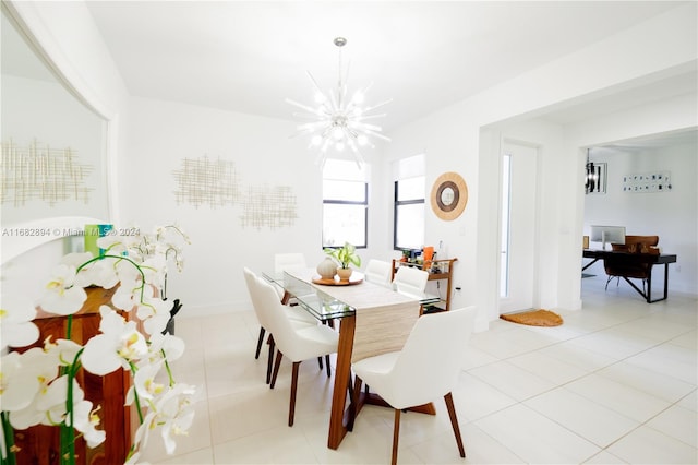 tiled dining area with a notable chandelier