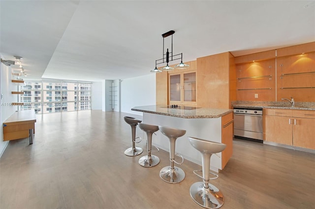 kitchen with light stone counters, expansive windows, stainless steel dishwasher, sink, and decorative light fixtures