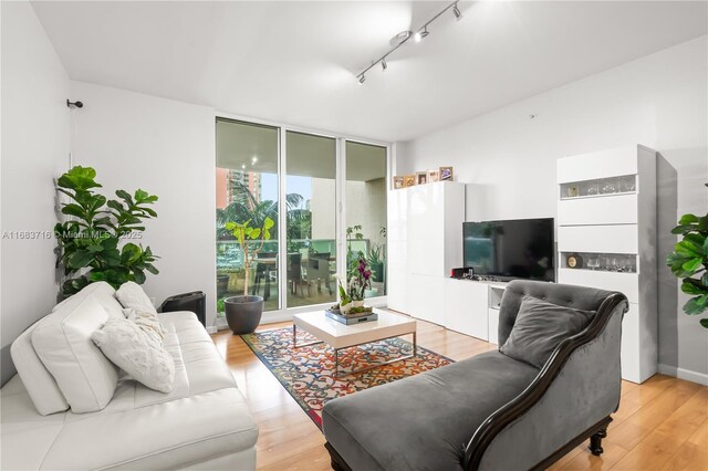 living room with track lighting and light hardwood / wood-style floors