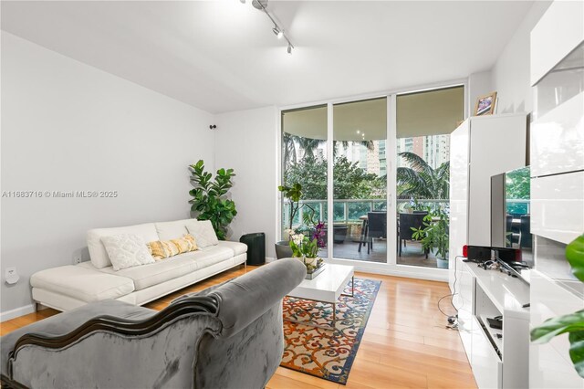 living room with floor to ceiling windows, rail lighting, and light hardwood / wood-style flooring