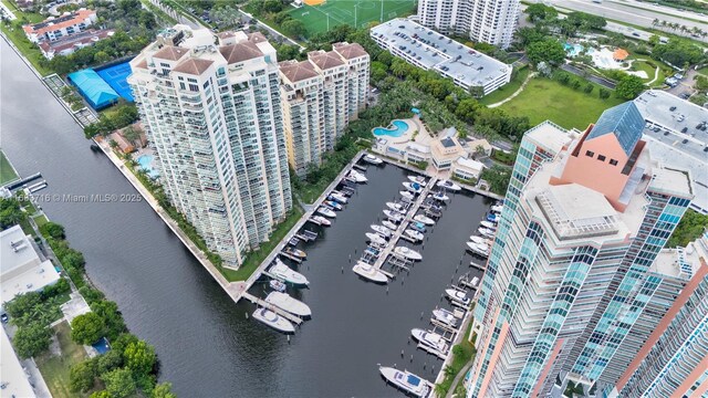 aerial view featuring a water view