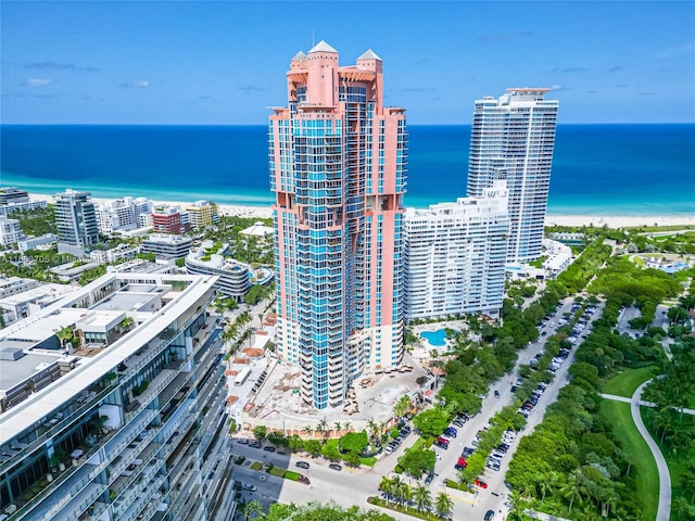 aerial view with a water view and a view of the beach