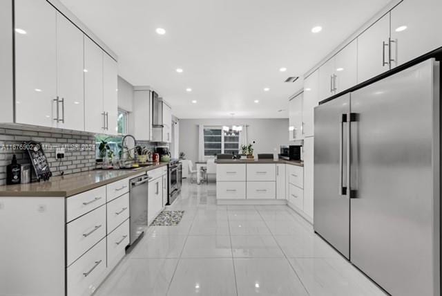 kitchen with white cabinetry, backsplash, stainless steel appliances, and sink