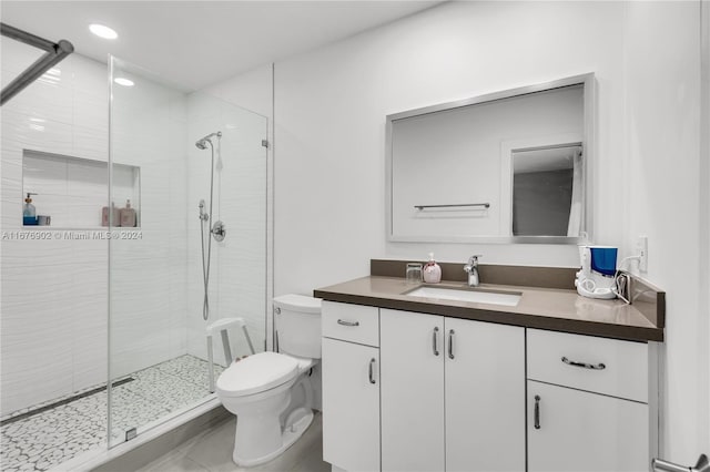 bathroom with vanity, toilet, and walk in shower