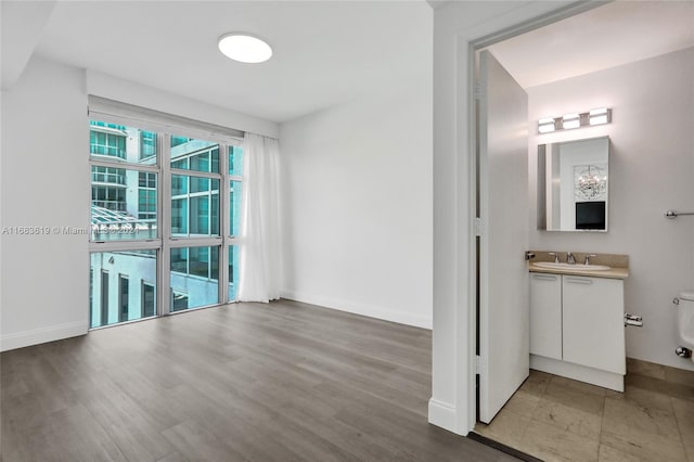 interior space with vanity, toilet, and hardwood / wood-style flooring