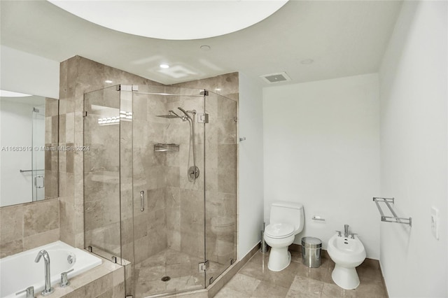 bathroom with plus walk in shower, a bidet, toilet, and tile patterned flooring