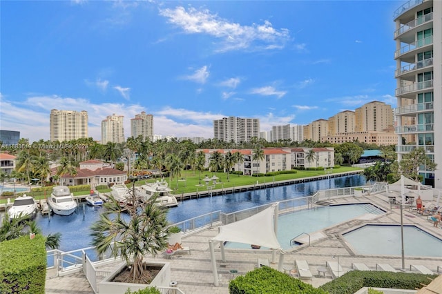 view of pool with a patio and a water view