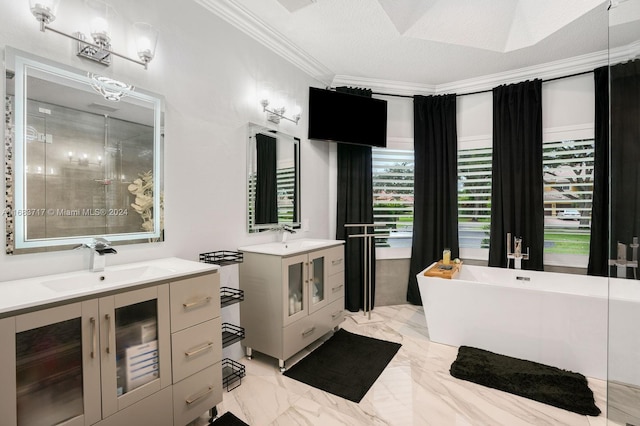 bathroom featuring vanity, crown molding, independent shower and bath, and a textured ceiling