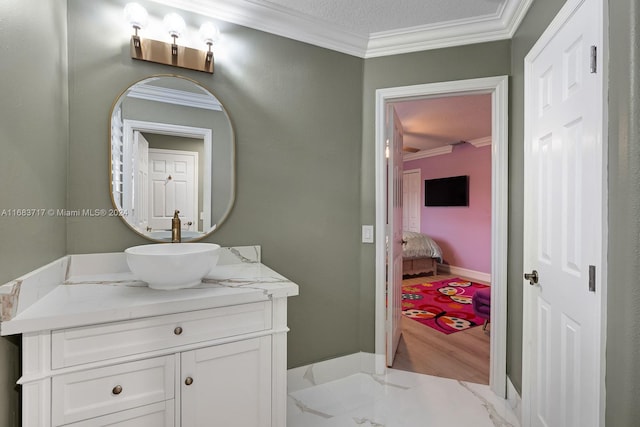 2440 SW 105th Ter, Davie, FL 33324 - bathroom featuring ornamental molding, vanity, marble finish floors, and a textured ceiling