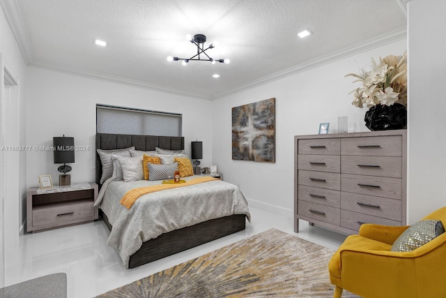 bedroom with ornamental molding, a notable chandelier, and a textured ceiling