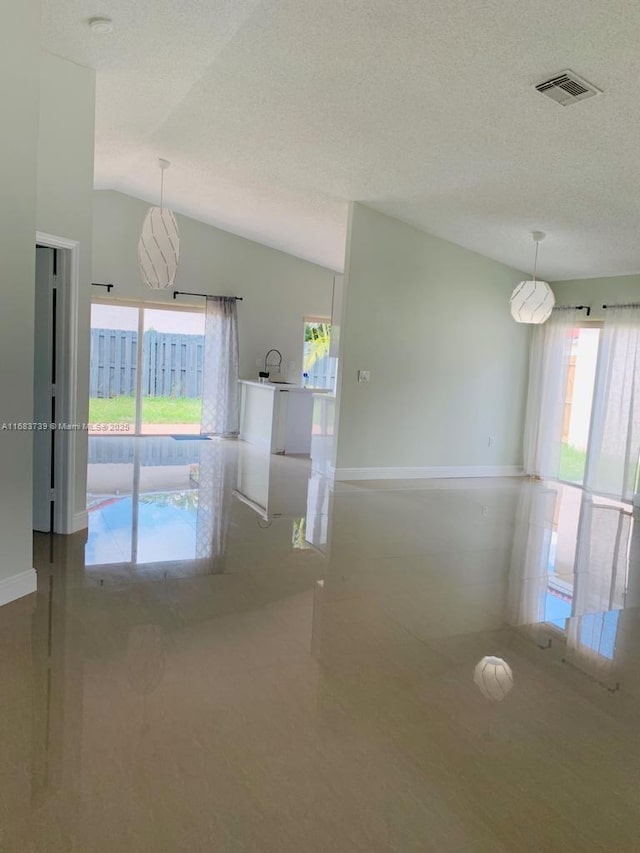 empty room with lofted ceiling, a textured ceiling, plenty of natural light, and visible vents