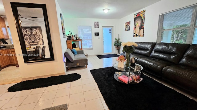 living room featuring light tile patterned floors