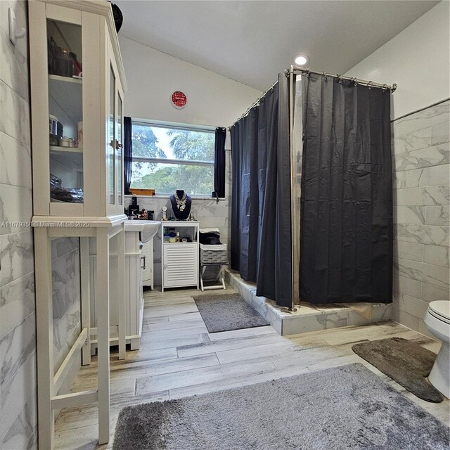 bathroom with a shower with shower curtain, hardwood / wood-style floors, toilet, tile walls, and vanity