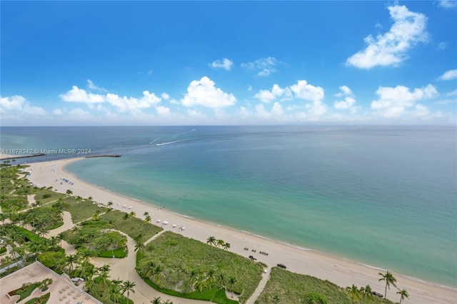 drone / aerial view with a water view and a beach view