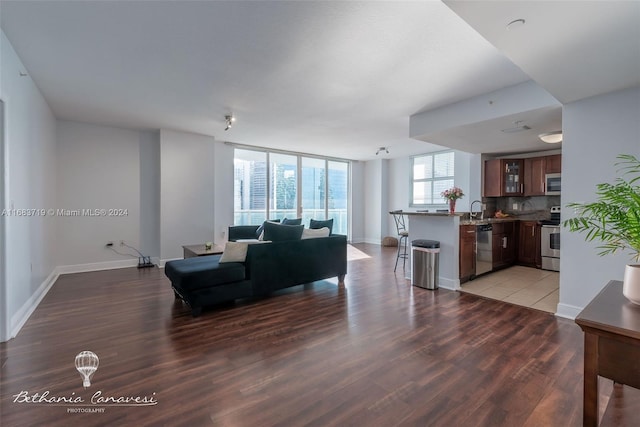 living room with hardwood / wood-style flooring and sink