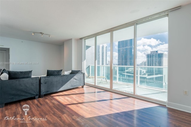 living room featuring wood-type flooring and floor to ceiling windows