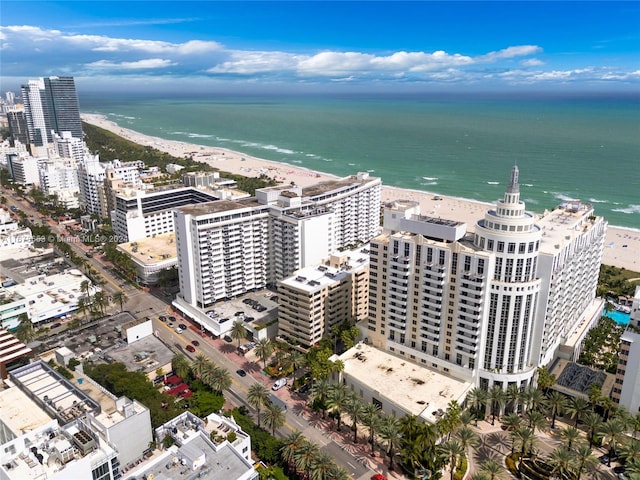 bird's eye view with a water view and a view of the beach