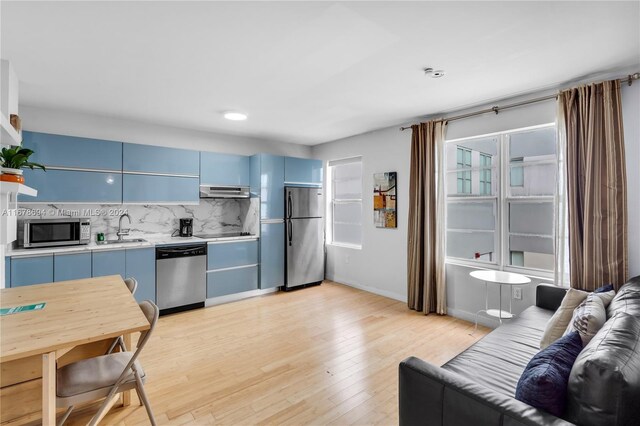 1512 Washington Ave Unit 305, Miami Beach, FL 33139 - kitchen featuring appliances with stainless steel finishes, blue cabinets, a sink, backsplash, and light countertops