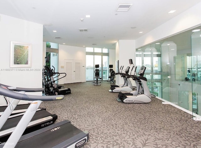 exercise room with carpet flooring