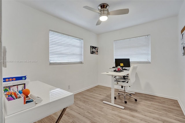 office featuring ceiling fan and light hardwood / wood-style floors