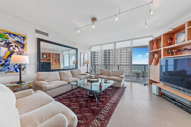 living room with crown molding and floor to ceiling windows