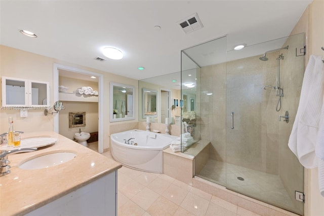 bathroom with vanity, separate shower and tub, and tile patterned flooring