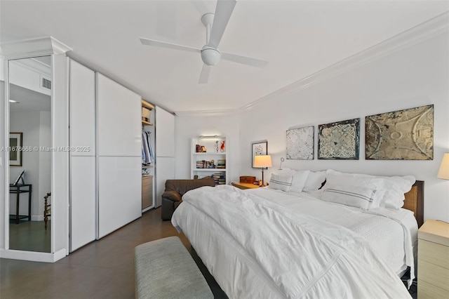 bedroom featuring ceiling fan and crown molding