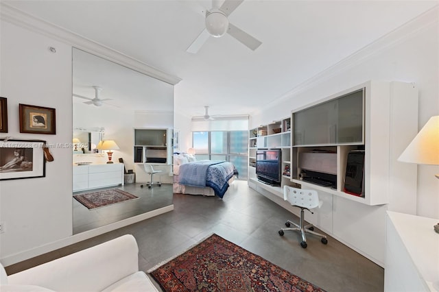 bedroom featuring ceiling fan and ornamental molding