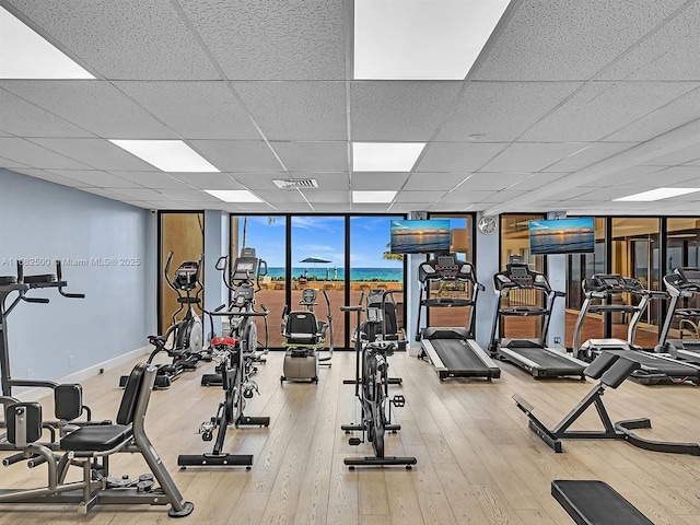 gym with a drop ceiling, hardwood / wood-style floors, and a wall of windows