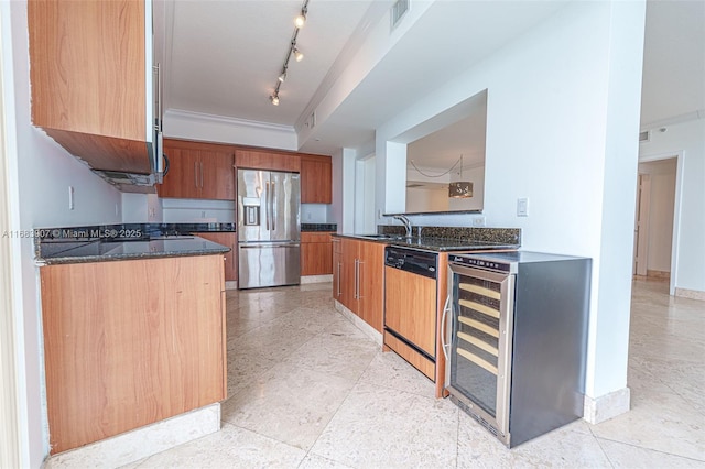 kitchen with beverage cooler, dark stone countertops, stainless steel fridge with ice dispenser, sink, and paneled dishwasher