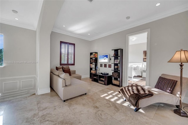 living room featuring crown molding