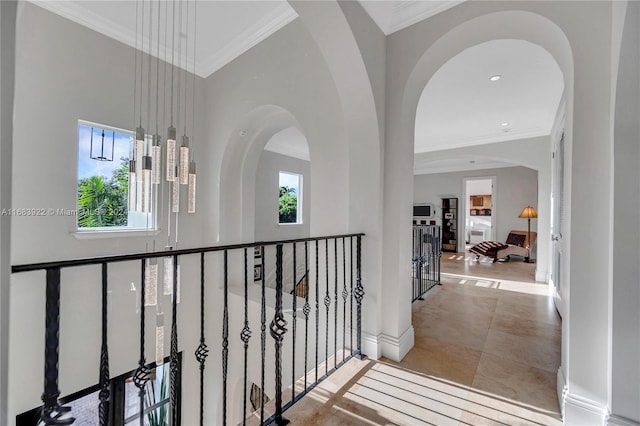 hall featuring crown molding and a high ceiling