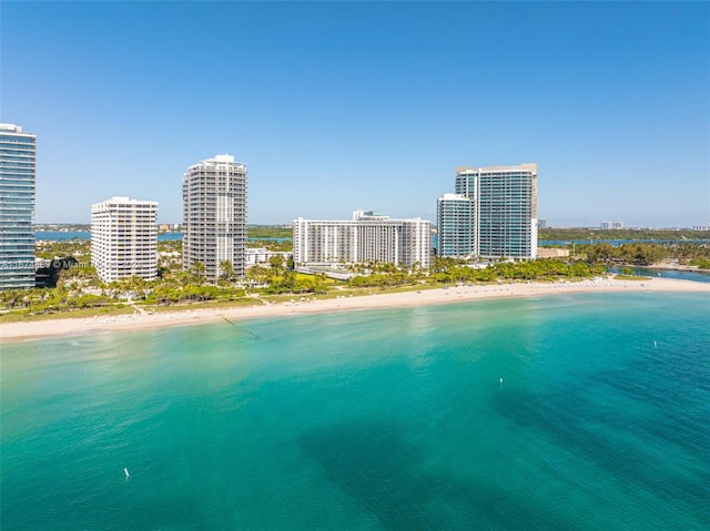 drone / aerial view featuring a water view and a beach view