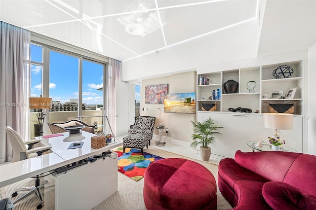 home office with carpet flooring