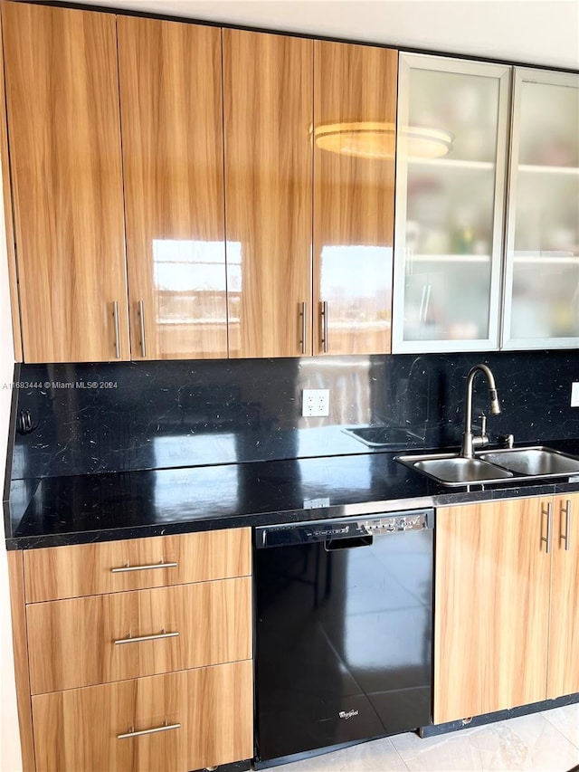 kitchen featuring sink, light tile patterned floors, decorative backsplash, and dishwasher