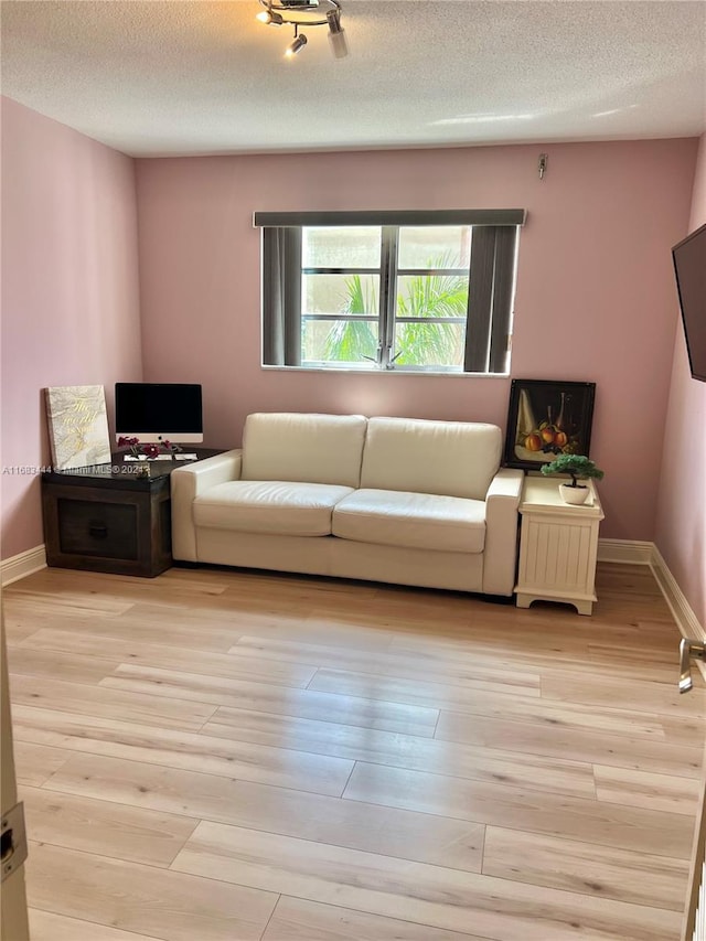 living room with a textured ceiling and light wood-type flooring