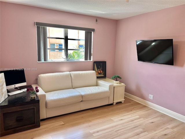 living room featuring a textured ceiling and light hardwood / wood-style flooring