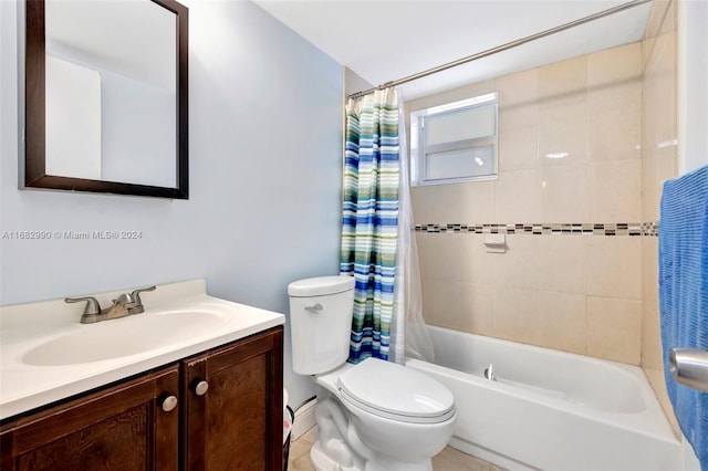 full bathroom featuring toilet, vanity, shower / bath combination with curtain, and tile patterned flooring