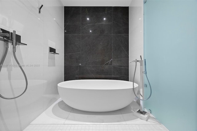 full bathroom featuring a freestanding tub and tile walls