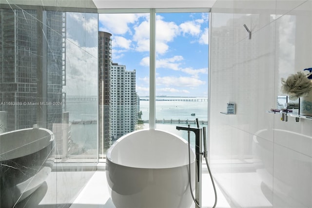 bathroom with a water view and a tub to relax in