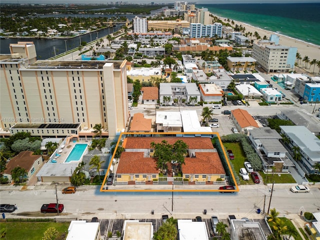 bird's eye view with a water view