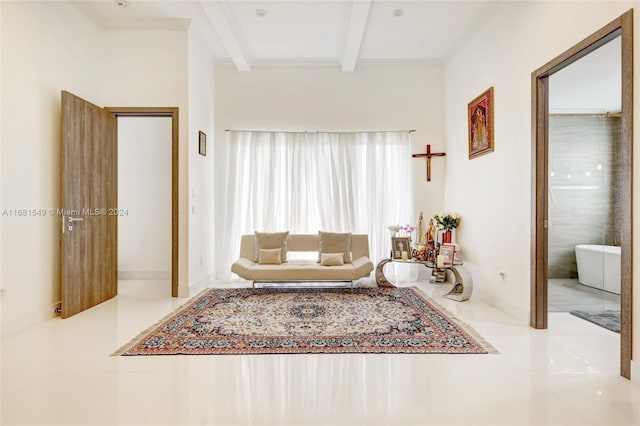 tiled living room with beam ceiling