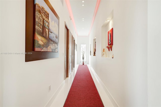 hallway with carpet floors