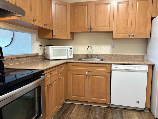 kitchen with sink, stainless steel appliances, and dark hardwood / wood-style flooring