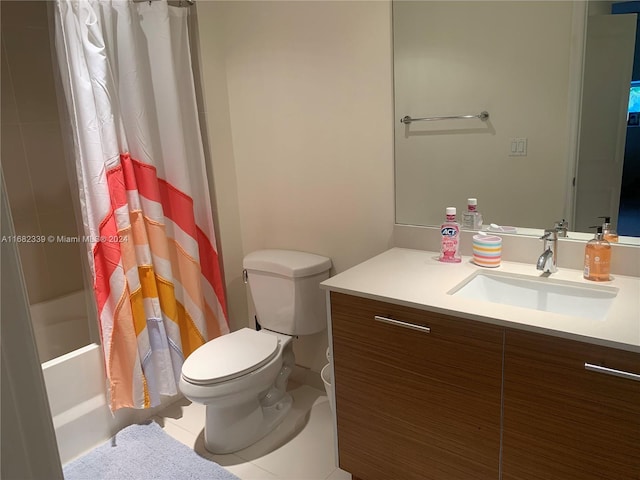 full bathroom with toilet, shower / bath combo with shower curtain, vanity, and tile patterned flooring