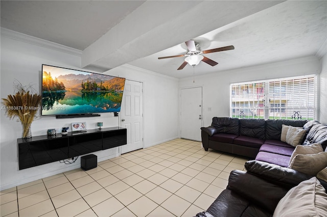 living room featuring ceiling fan, light tile patterned floors, and crown molding