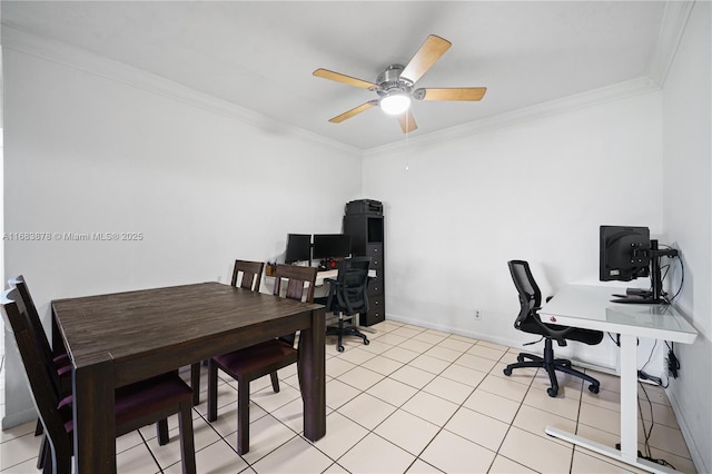 office space featuring ceiling fan, light tile patterned floors, and crown molding