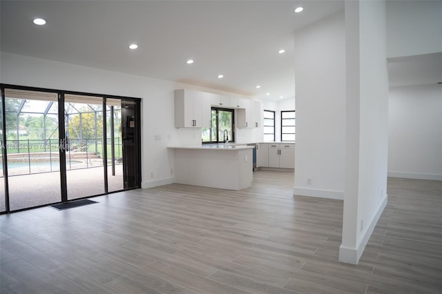 unfurnished living room with light hardwood / wood-style floors and sink