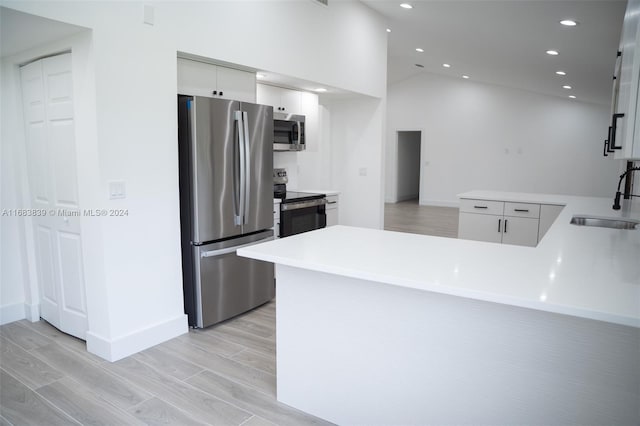 kitchen featuring sink, kitchen peninsula, stainless steel appliances, and light hardwood / wood-style floors