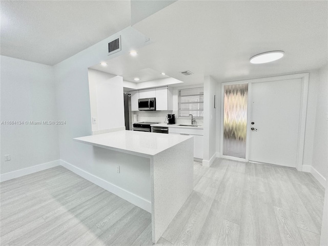 kitchen featuring kitchen peninsula, white cabinets, sink, and light wood-type flooring